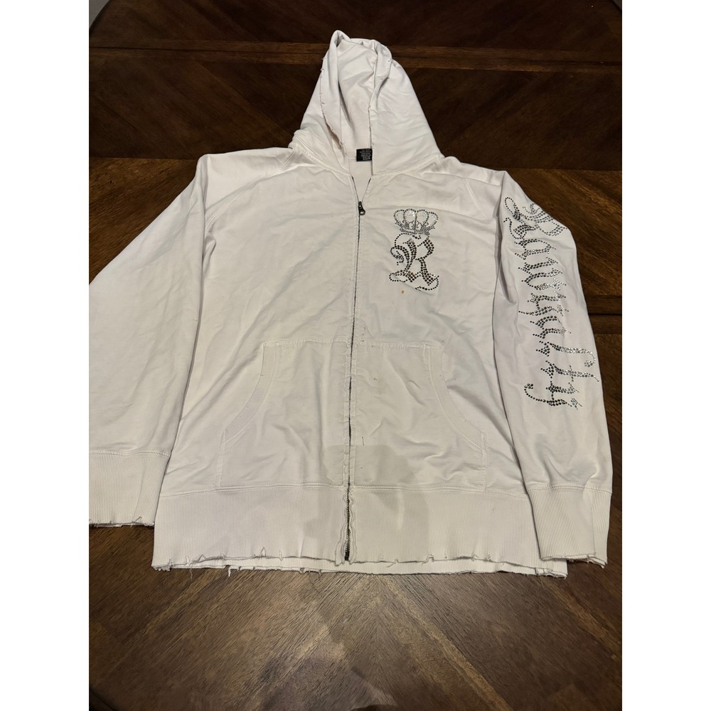 White Zip-Up Hoodie with Embellished Script